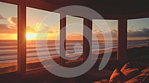 A beach house with large windows overlooking the ocean at sunset
