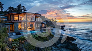 A beach house with large windows overlooking the ocean at sunset