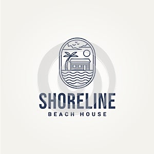 beach house minimalist line art emblem logo template vector illustration design. simple modern homestay, hotel, beach resort badge