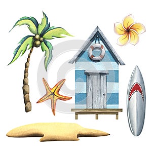 Beach house, sand, surfboard, starfish, plumeria flower and coconut palm. Watercolor illustration. A small set from the