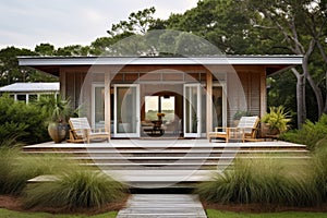 a beach house with a simple, streamlined porch