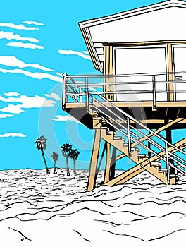 A Beach House With Stairs And Palm Trees - The Lifeguard tower on Venice beach Los Angeles CA