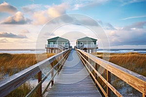 beach house on stilts with boardwalk leading to ocean