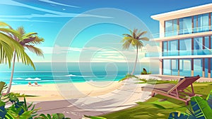 Beach house terrace at sea. Modern cartoon illustration of seaside summer villas on seacoast, chaise lounges on green