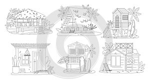 Beach Houses Outline Black and White Icons Set. Summer Huts with Seaside Living Essentials From Surfboards To Palm Trees