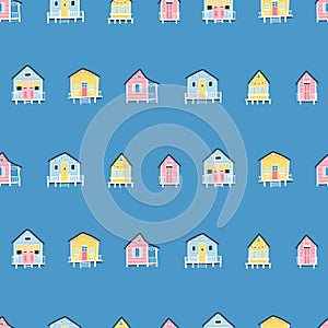 Beach houses seamless pattern. Cute summer cartoon illustrations in simple hand drawn childish scandinavian style. Tiny