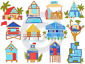 Beach houses vector illustration set, cartoon flat straw huts on beachline, bungalow house with palm trees or exotic