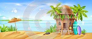 Beach hut, bamboo vector shack, tiki Hawaiian house, summer cartoon island bungalow, tropical ocean.