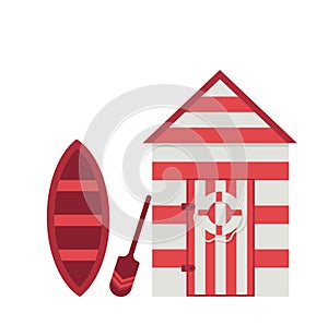 Beach hut with boat next to it.Vector illustration.