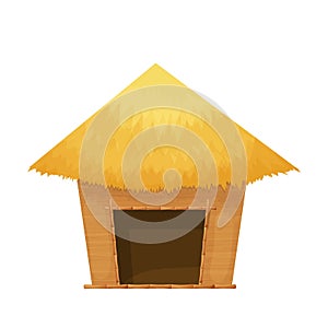 Beach hut or bungalow with straw roof, wooden in cartoon style isolated on white background. Bamboo cabin, small house