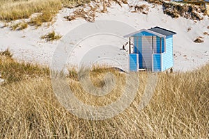 Beach hut on Skanor beach in Falsterbo, Skane, Sweden. Swedish tourism concept