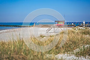 Beach hut on Skanor beach in Falsterbo, Skane, Sweden. Swedish tourism concept
