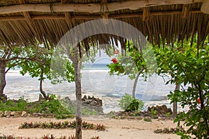 Beach hut at the tropical seaside. Indian ocean coast with low tide. Tropical island. Scenic coastline with exotic plants.