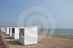 Beach huts along seafront, Weymouth