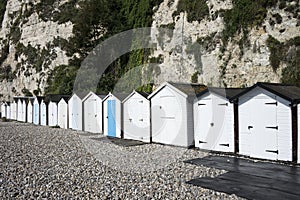 Beach Huts at Beer, Devon, UK.