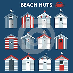 Beach huts on blue background.