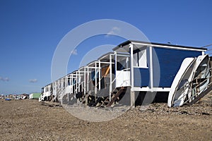 Beach Huts and Boats on Thorpe Bay Beach, Essex, England