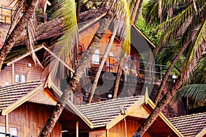 Beach huts and cottages made from bamboo,clay tiles and coconut leaves. Holiday destination concept images in Goa, India