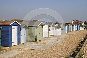 Beach huts at Ferring. Sussex. UK