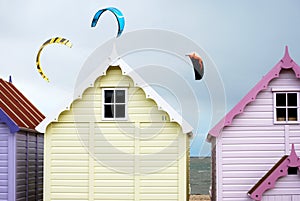 Beach huts and kites