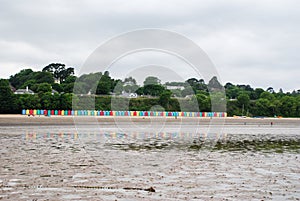 Beach huts on Llanbedrog beach, North Wales, UK