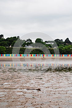 Beach huts on Llanbedrog beach, North Wales, UK