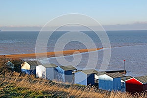 Beach huts and sandbank