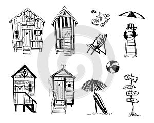 Beach huts by the sea, set of beach life icons, vector sketch