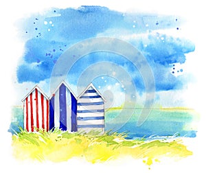Beach huts by the sea, watercolor  painting photo