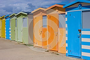 Beach huts in Seaford, East Sussex, UK