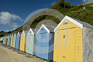 Beach huts on seafront at Bournemouth, Dorset