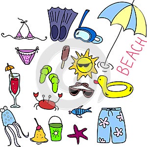 Beach icon set, children drawing, vector