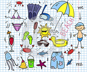 Beach icon set, children drawing, vector