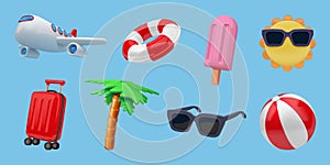 Beach icons. 3D summer vacation or travel objects. Holiday journey. Sun glasses and tropical palm. Sunbathing umbrella