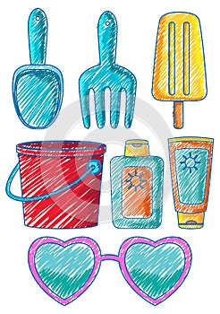 Beach Icons in Pencil Colour Sketch Simple Style