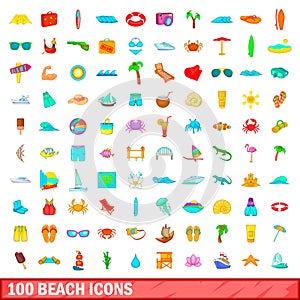 100 beach icons set, cartoon style