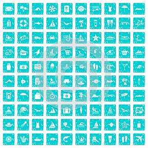 100 beach icons set grunge blue