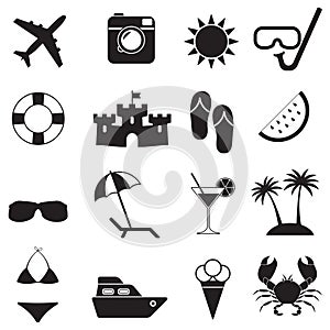 Beach icons and Summer signs set isolated on white background. Travel and vacation vector illustration.