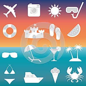 Beach icons and Summer signs set. Travel and vacation vector illustration.