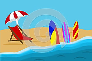 A beach illustration of a lounge chair, umbrella and surf boards