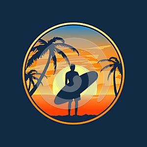 Beach illustration with sunset background