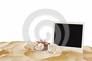 Beach with instant photo in front of summer sea background