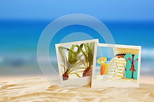 Beach with instant photos in front of summer sea background