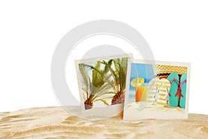Beach with instant photos in front of summer sea background