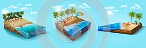 Beach island isometric design. Tropical island with blue ocean and sand, fish, palm tree, waves. 3d illustration travel ad.