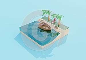 Beach Island tropical 3d minimal summer concept with water and palms, boat on the sea beach for travel to the next summer. 3D
