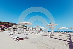 Beach and Italian Tyrrhenian coast with a multitude seamsless of beach umbrellas, deckchairs for vacationers. Trees and nature in