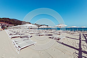 Beach and Italian Tyrrhenian coast with a multitude seamsless of beach umbrellas, deckchairs for vacationers. Trees and nature in