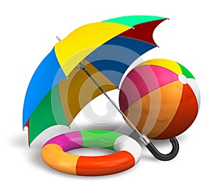 Beach items: color umbrella, ball and lifesaver