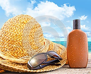 Beach items and suntan lotion at the beach